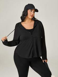 SHEIN Essnce Plus Size Women's Solid Color Drop Shoulder Long Sleeve Zipper Front Drawstring Hooded Sports Jacket For Spring,Spring Outfits For Women - Black - View 3