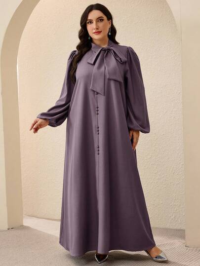 Al Najma Plus Size Women's Solid Color Tie Collar Elegant Long Sleeve Turkish & Arabic Traditional Maxi Dress