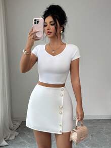 SHEIN Elenzya Damen A-Linie Rock mit Perlenknopf-Dekor, minimalistischer College-Stil Pendler-Lässig-Wear, geeignet für Ausgehen, Dates, Einkaufen, Zuhause, Frühling/Sommer - Weiss - Übersicht 3