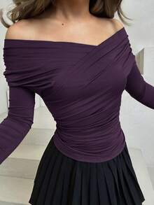 Jemour 女士纯色不对称领裹身T恤 - 紫色 - 查看 3