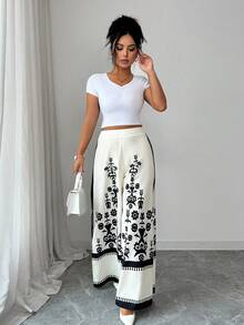 SHEIN Elenzya Women's Elegant Printed Wide Leg Pants, Summer - Apricot - View 5