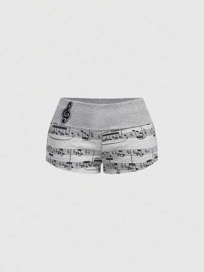 ROMWE J-Fashion Y2K Vintage Music Note Print Patchwork Low Waist Women Shorts, Autumn/Winter
