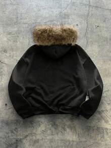 AXEPEAK 男士字母印花长袖拉链连帽休闲卫衣，带毛领 - 黑色 - 查看 2