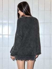 ROMWE Grunge Punk SpringOversized Letter Print Distressed Rivet Coarse Knit Washed Drop Shoulder Pullover Sweater For Women - Grey - View 3