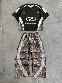 Men's AXEPEAK Casual Fashionable Streetwear Leopard Print Patchwork T-Shirt And Pants Set - Multicolor - View 1