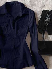 INAWLY 1pc Women's Slim Fit Solid Color Pleated Fashion Long Sleeve Shirt - Navy Blue - View 4