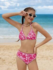 SHEIN 少女碎花露背吊带比基尼套装，夏季海滩度假 - 粉色 - 查看 2