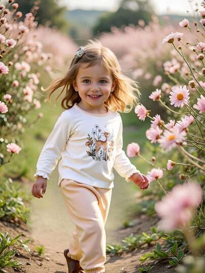 SHEIN Vintaside Kids 女婴纯棉针织圆领泡泡袖上衣搭配松紧腰裤套装。上衣印有可爱的鹿、蘑菇和蝴蝶森林图案，展现出俏皮可爱的设计。适合室内穿着、叠穿以及户外花园活动。弹性舒适的面料，荷叶边下摆和腰带设计，方便穿脱。白色上衣搭配粉色裤子。复古休闲风格，适合节日、度假和聚会穿着。轻盈透气，男女宝宝均适用。