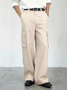 HUEFORM Men's Loose Fit Apricot Cargo Pants Amekaji Style Zipper Detail Woven Fabric Long Casual Trousers - Apricot - View 3