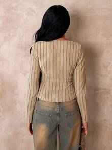 SHEIN Glamour Beige Autumn Chic Brunch Women Shirt, Deep V-Neck Pleated Textured Striped Print Front Button Long Sleeve Minimalist Urban Comfort Western Top - Khaki - View 2