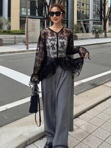 FRIFUL Women's Round Neck Cardigan With Ruffled Hem Contrast Lace Blouse