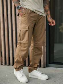Manfinity Homme Plus Size Men's Black Multi-Pocket Cargo Pants, Casual Straight-Leg Trousers - Khaki - View 3