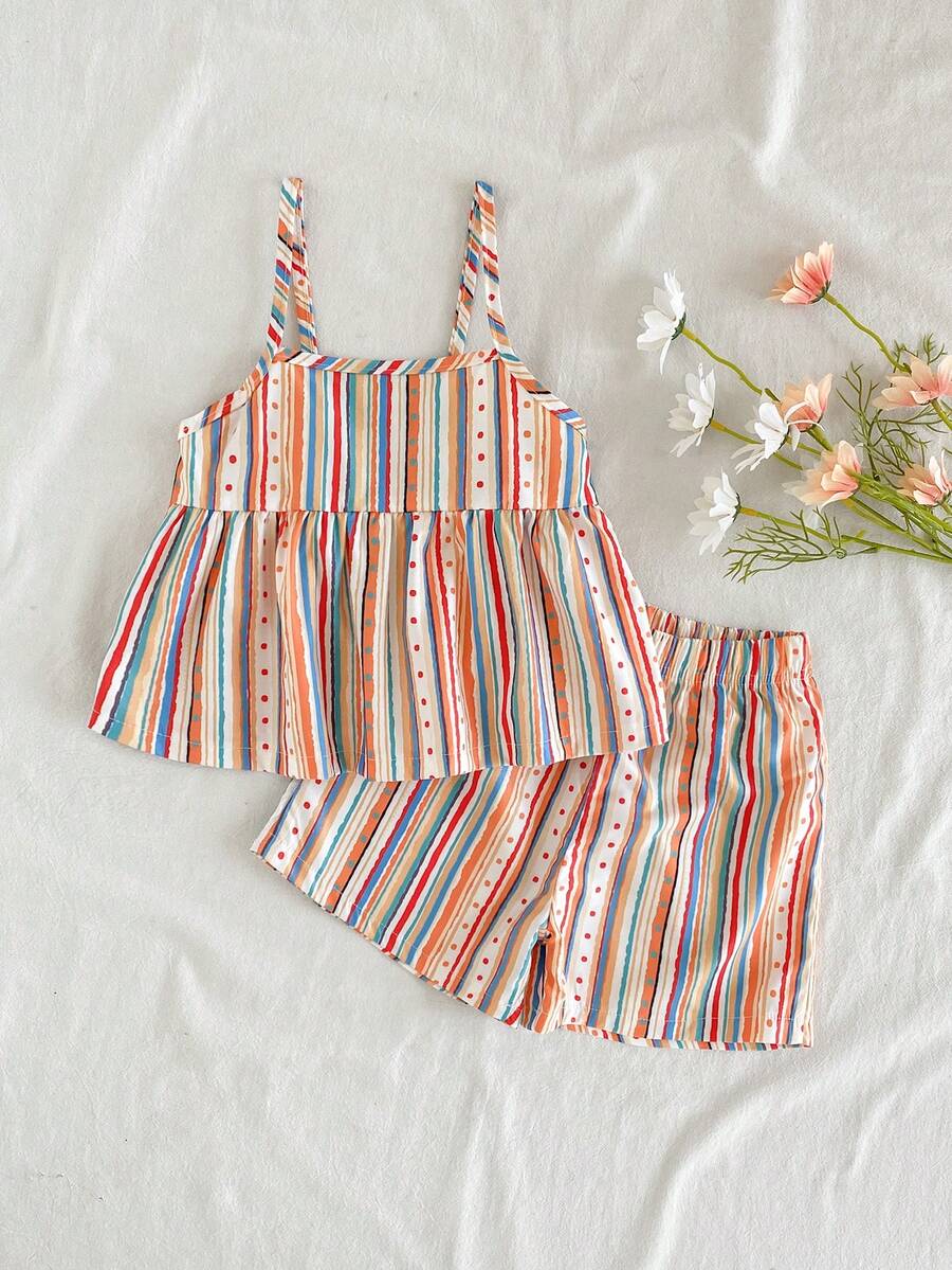 SHEIN Vintaside Kids Bộ áo hai dây và quần short kẻ caro xanh dương in hình quả anh đào dành cho bé gái, trang phục mùa hè tươi mát và thoải mái. - Nhiều màu - Xem 1