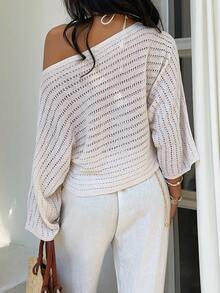 Sunnyshic Women's Casual Vacation Hollow Perforated Beaded Mesh Knit Cover Up, Spring/Summer - Apricot - View 2