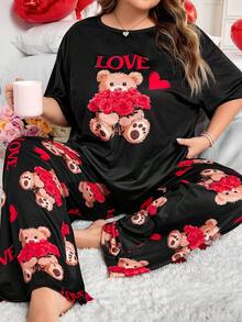 SHEIN CURVE+ 加大码女式熊与爱心印花短袖上衣和裤子睡衣套装，情人节 - 彩色 - 查看 1