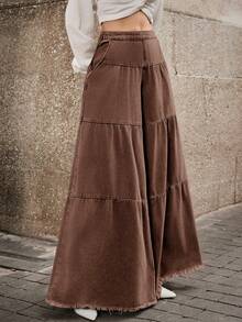 SHEIN SXY Pantalones vaqueros de pierna ancha con bolsillos, dobladillo deshilachado, de ajuste holgado y versátil para uso casual y de oficina para mujeres - Café integral - Ver 11