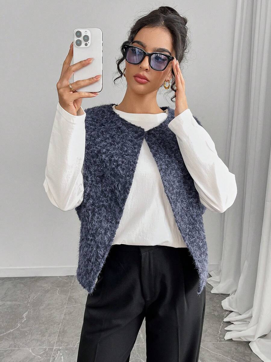 Almamuse Femmes grande taille Gilet sans manches minimaliste de couleur unie - Bleu azur - Voir 1