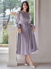 DAZY Women's Elegant Solid Color Lantern Sleeve Mid-Length Dress Maxi Dress Sundress - Purple - View 7
