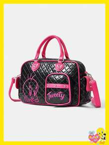 LOONEY TUNES X SHEIN 可爱辣妹PU绗缝手提包，千禧萝莉软妹托特包，单肩斜挎包 - 黑色配玫紅 - 查看 2