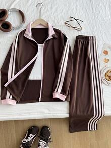 SHEIN 女童两件套休闲时尚套装：撞色织带拉链上衣 + 运动阔腿长裤，适合休闲穿着，春秋季节、返校季、日常穿着，完美的户外服装 - 咖啡棕 - 查看 4
