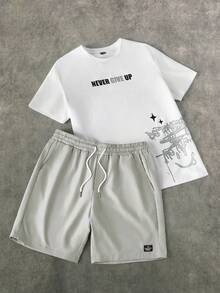 Manfinity Unisex Men's Casual Slogan Print T-Shirt & Solid Drawstring Waist Shorts 2pcs/Set Summer Outfit, Couple Things - Grey - View 3