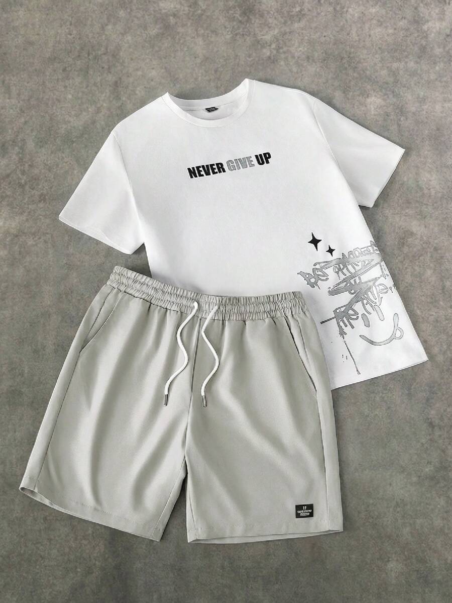 Manfinity Unisex Men's Casual Slogan Print T-Shirt & Solid Drawstring Waist Shorts 2pcs/Set Summer Outfit, Couple Things - Grey - View 1