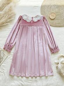 Vintaside Kids Girls' Lace Collar Long Sleeve Elegant & Simple Dress, Suitable For Parties, Travel, Vacation, Or Casual Wear - Hot Pink - View 2