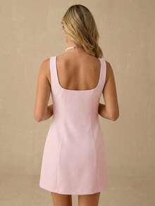 Enchnt 女士仿珍珠装饰甜心领无袖时尚迷你连衣裙 - 粉色 - 查看 6