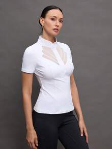 Activina Áo sơ mi nữ tay ngắn cổ bẻ phối lưới, chất liệu vải mỏng, kiểu dáng cưỡi ngựa. - trắng - Xem 5