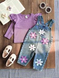 SHEIN Vintaside Kids 0-3 Years Baby Boy/Girl Unisex Infant Toddler Spring Autumn Floral Embroidered Denim Pants, Round Neck Long Sleeve Top And Denim Bib Pants Set, Suitable For Outdoor, Shopping, And Casual Wear