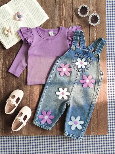 SHEIN Vintaside Kids Baby Girl Floral Embroidered Denim Pants Round Neck Long Sleeve Top And Bib Set For Outdoor Casual Autumn Fall