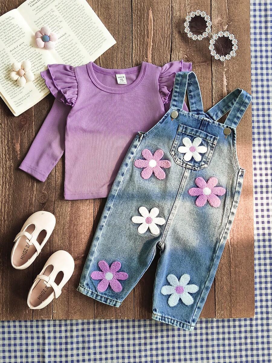 SHEIN Vintaside Kids Bộ quần yếm denim thêu hoa cổ tròn tay dài và quần yếm denim cho bé trai/gái 0-3 tuổi, phù hợp mặc ngoài trời, mua sắm và thường ngày - Màu tím hoa cà - Xem 1