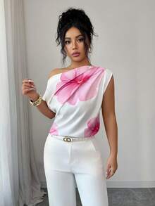 Elenzga 2026春夏新款女士褶皱优雅时尚通勤百搭斜肩短袖衬衫 - 白色 - 查看 5