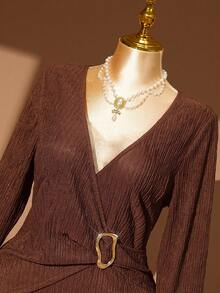 Rometta Plus Size Women Summer Elegant Brown Knitted Bodycon Dress,Autumn Long Sleeve V-Neck Metal Button Dinner Dress, Textured Twist Knot Split Design - Coffee Brown - View 6