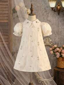 Young Girl Elegant & Cute Floral Mesh Dress - Apricot - View 9