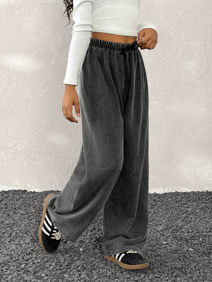 Coolane Kids 少女秋冬季简约系带宽松运动裤，休闲日常穿着，万圣节，圣诞节 - 黑色 - 查看 1