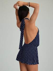 SHEIN PETITE 女士白色波点黑白网纱度假迷你连衣裙，适合夏季穿着 - 藏蓝色 - 查看 2