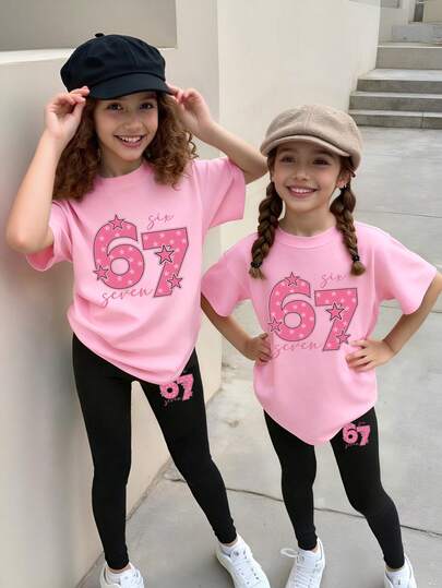 2件套 女童休闲时尚创意个性清新简约数字67粉色星星图案字母标语印花T恤和打底裤 舒适温暖的夏秋套装 7-8岁女童服装 7岁女童 6T女童衬衫 儿童服装 7-8岁 粉色上衣