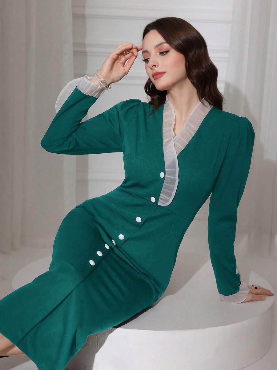 Modelyn Vestido de manga larga con ribete de contraste para mujer - Verde Oscuro - Ver 1