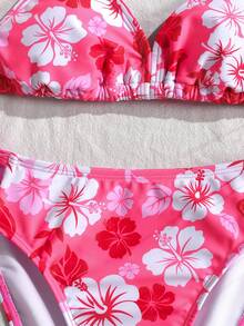 SHEIN Tween Girls' Summer Beach Vacation Cheerful Floral Print Peach Pink Camisole Bikini - Hot Pink - View 8