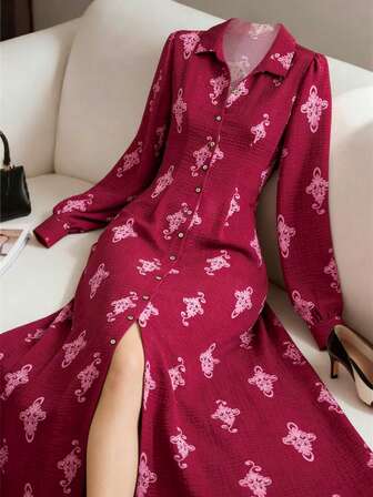 Écloséra Damklänning med tryck och midja, avslappnad semesterstil, vår/höst