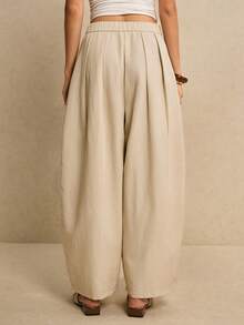 Poéselle 女士休闲日常通勤简约百搭纯色褶裥宽松阔腿裤 - 卡其色 - 查看 2