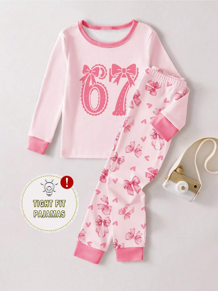 Young Girls Pajamas-2 Piece Pajama Set Pink Butterfly Bow 67 Print Crew Neck Long Sleeve Top Matching Long Pants Elastic Waist Ribbed Cuffs Soft Lightweight Four Season Sleepwear Holiday 2026 Must Have Gift Snug Fit Pants Pajama Set Toddler Sleepwear Pj For Girl - Pink - View 1