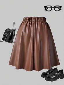 SHEIN ChillGRL 女童 PU 皮裙，厚实面料，Y2K 可爱风格，腰间蝴蝶结装饰，适合春秋季休闲、派对、度假等场合。 - 摩卡棕 - 查看 2