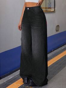SHEIN Tall 女士休闲高腰口袋水洗阔腿牛仔裤 - 黑色 - 查看 6