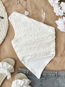 Tween Girls Textured Knit Asymmetric Hem Camisole Tank Top, Fitted Lace Trim Cami For Vacation, Afternoon Tea, Beach - White - View 2