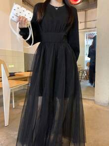 DAZY 女士纯色圆领灯笼袖网纱拼接下摆休闲连衣裙 - 杏色 - 查看 1