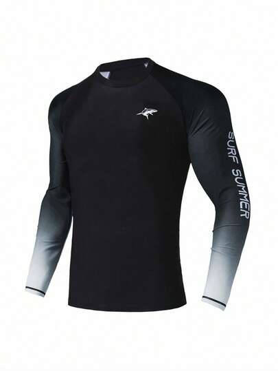 Manfinity KASUA Herren Langarm Rashguard Schwimmoberteil mit Buchstaben-Muster und Farbverlauf-Effekt