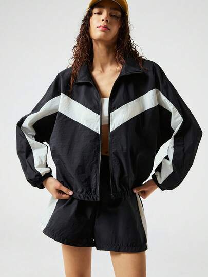 SoleilVie 2025 Autumn/Winter New Casual Tracksuit, Fashion Loose Color Block Long Sleeve Zip-Up Jacket And Shorts Set, Resin Single-Headed Zipper, Black & White Contrast Splice Jacket Hem With Elastic Cord, Elastic Cuffs, Black & White Splice Elastic Waist Wide-Leg Pants, Casual Sports Suit, Women's Autumn/Winter New 2-Piece Set Summer Jacket Crop Jacket Cover Up Jacket Track Jacket Women Windbreaker Sporty Jacket