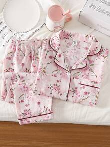 女童花卉泡泡格纹印花翻领开衫和裤子休闲轻便套装，春夏家居服 - 彩色 - 查看 1